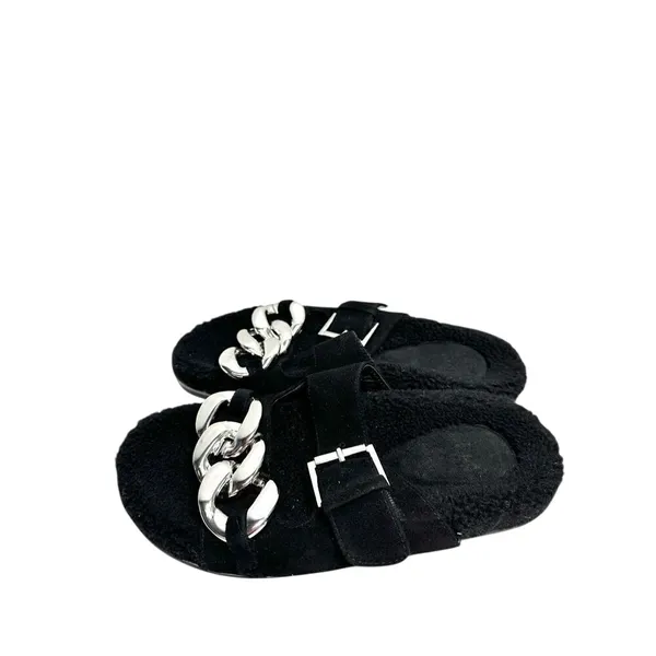 Marc Fisher LTD Fresno‎ Black Leather Faux Fur Chain Slide Sandals Size 6 - Image 3