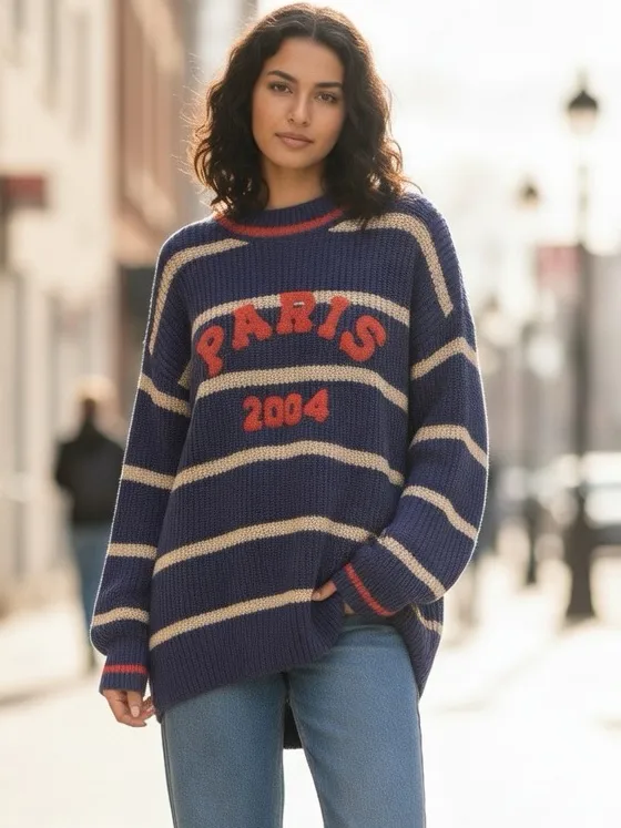 Altar'd State Striped Chunky Knit Fisherman Sweater Slouchy Blue Beige Size M - Image 3