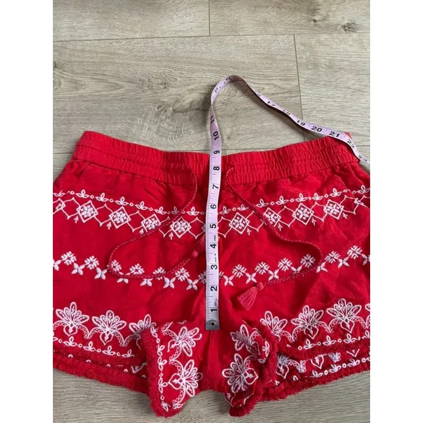 LOFT Red Embroidered shorts LINEN VISCOSE drawstring BOHO pockets Fray Edge sz S - Image 8