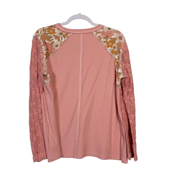POL Pink Floral Lace Waffle Knit Long Lace Sleeve Top Size L YKT1297 Spring NWOT - Image 8