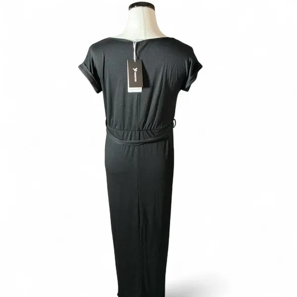 YIDARTON Black Short Sleeve Belted Maxi Dress‎ Women's Size S Casual Wrap Style - Image 2
