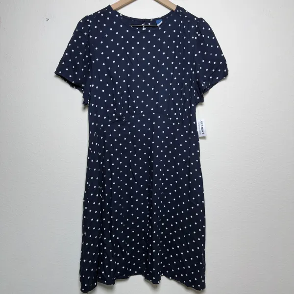 NEW Old Navy Women Crepe Mini Dress Large Navy Polka Dot Short Sleeve Pockets - Image 2