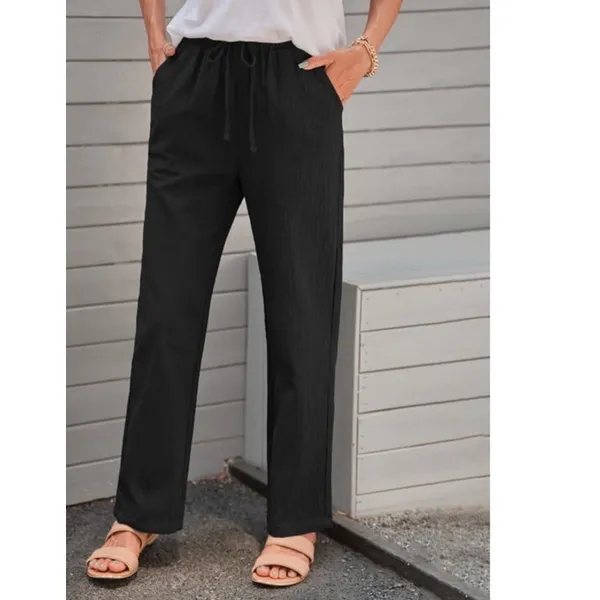 NWT ~ Women's Black Cotton Casual Straight Leg Drawstring High Waist Pants ~ M - Image 2