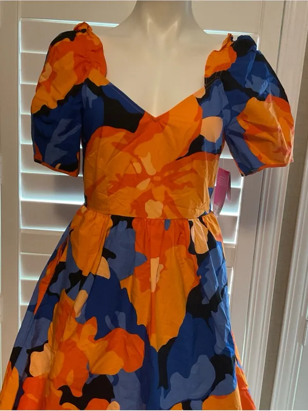 Backless Puff-Sleeve Floral Midi Dress - Orange & Blue - Image 2