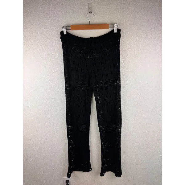 Black Crochet Knit Wide Leg Pants Cover Up Drawstring‎ Beach Boho Size M Resort - Image 3