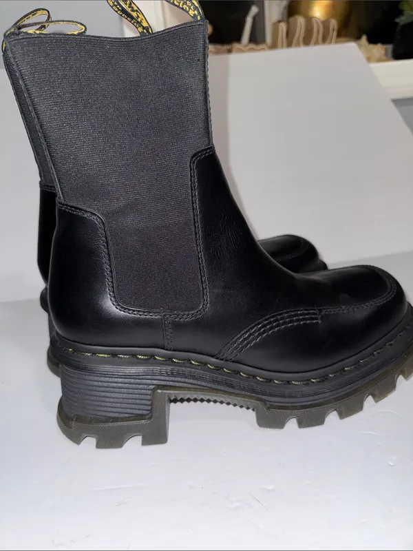 Dr. Martens Black Leather Platform Chelsea Boots with Yellow Pull Tab - Image 13