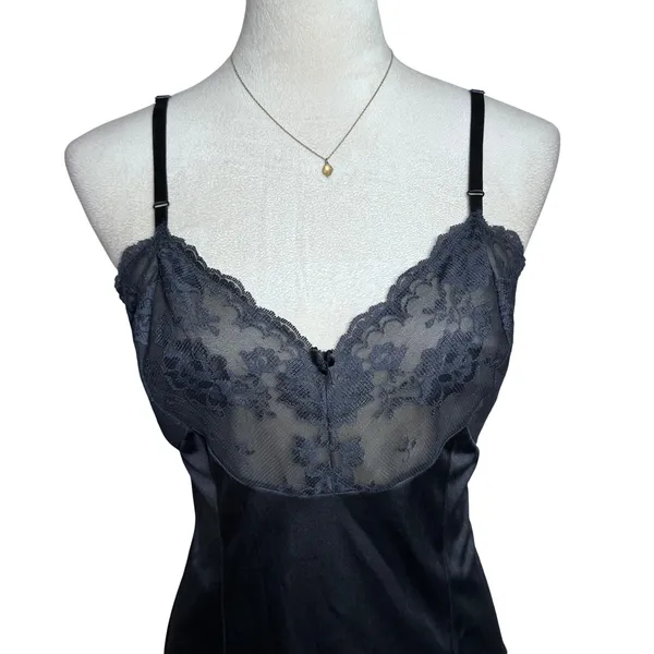 Vintage Black Lace Trim Camisole Floral Mesh Bodice Adjustable Straps Lingerie - Image 4