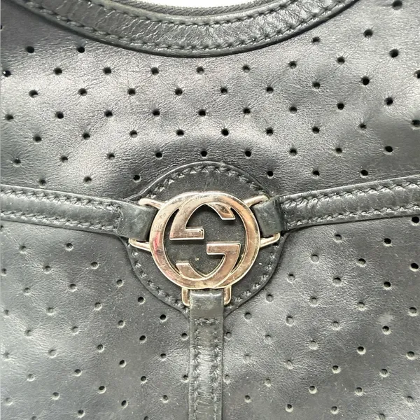 Gucci Reins Vintage Interlocking GG Perforated Leather Black Hobo Bag Purse - Image 5