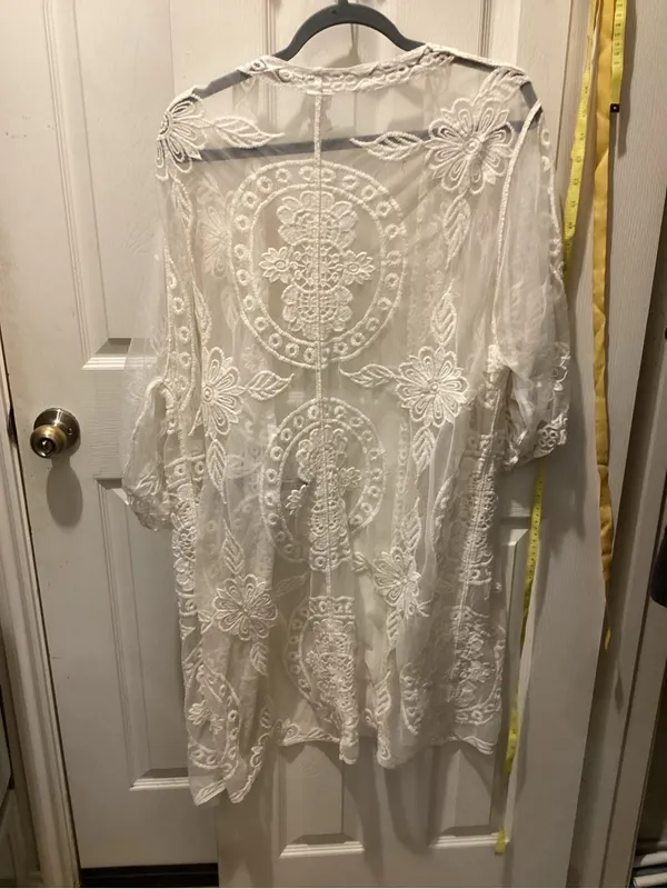 Sheer White Embroidered Kimono Cover-Up - Women's Top - Image 3