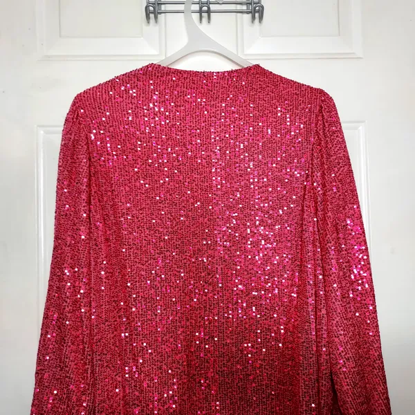 NWT Body Love Hot Pink Sequin Wrap Long Sleeve Party Dress LG holiday bling midi - Image 14