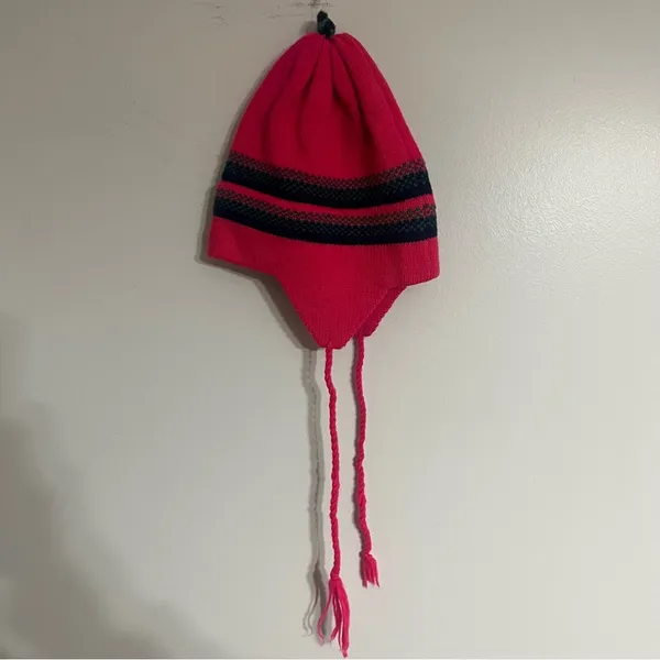 Hi-Line Knits 100% Wool Winter Hat‎ Tassles On Top + Ear Cover Bright Pink - Image 6