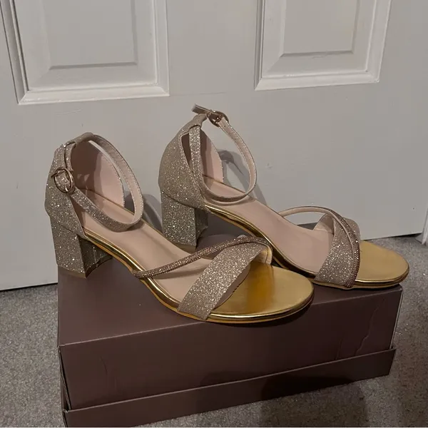 Women’s Champagne Glitter Open-Toe Low-Heeled Ankle Strap Sandals - Image 2