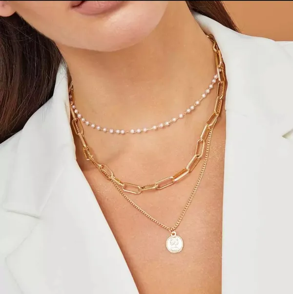 Pearl Paper Clip Multi Layered Necklace - Image 7