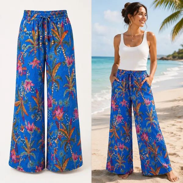 Rachel Roy Tropical Crinkle Medium Beach Wide Leg Pants Vacation Resortwear - Image 2