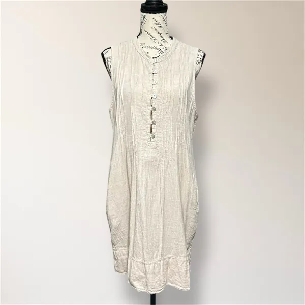 Blanco by Nature L Beige Gauze Sleeveless Mini‎ Dress Button Front Pockets Boho - Image 2