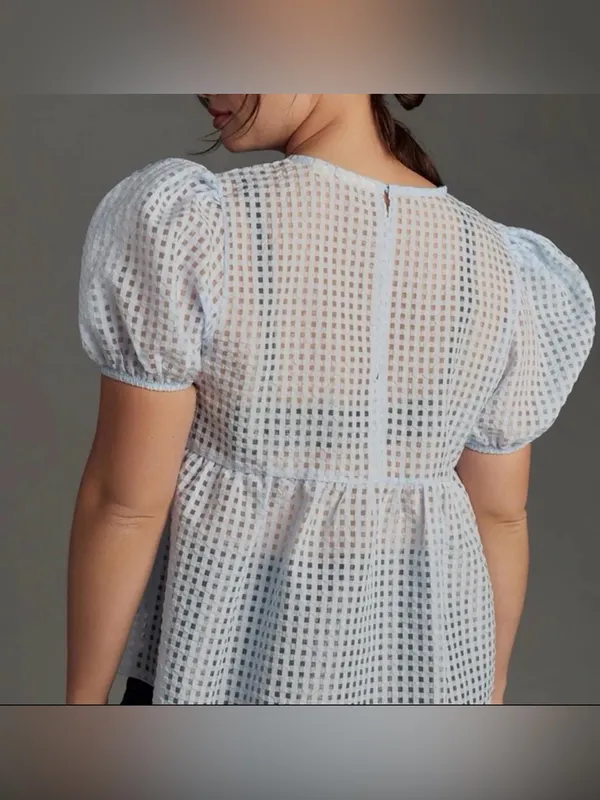 Maeve Anthropologie Babydoll Sheer Light Blue Puff-Sleeve Peplum Top - Image 3