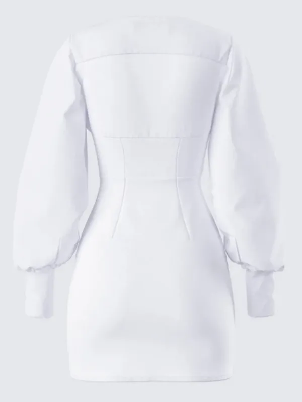 Finesse White Corset Mini Dress Long Puff Sleeve Button Front Bodycon Dress -S - Image 3