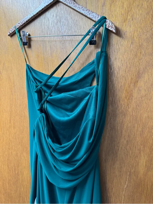 Ieena for Mac Duggal Jersey One Shoulder Draped Back Gown Dress Emerald Green 6 - Image 10