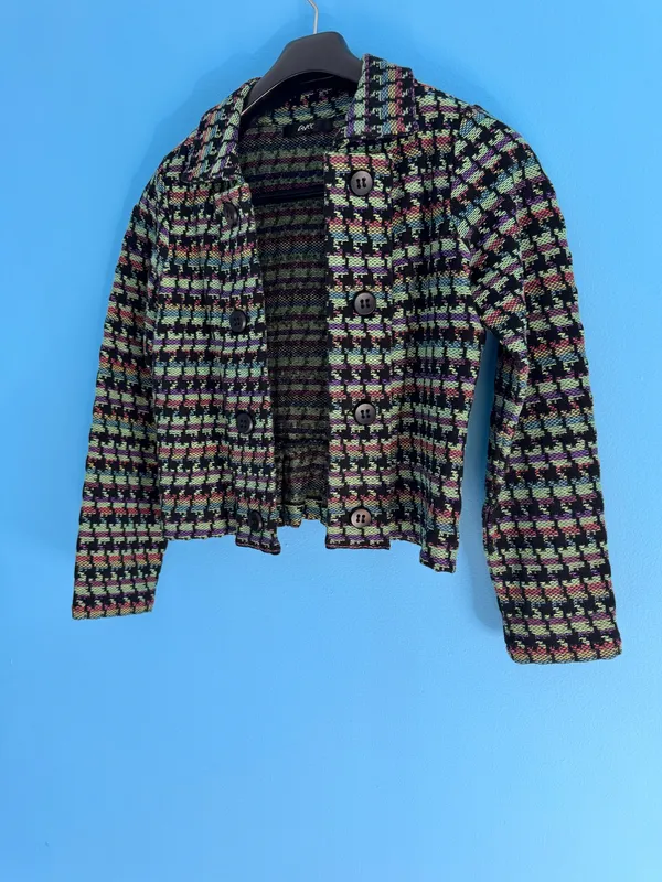 Naven AVEC Vintage-Style Multicolor Pixelated Woven Knit Button-Up Jacket - Image 9