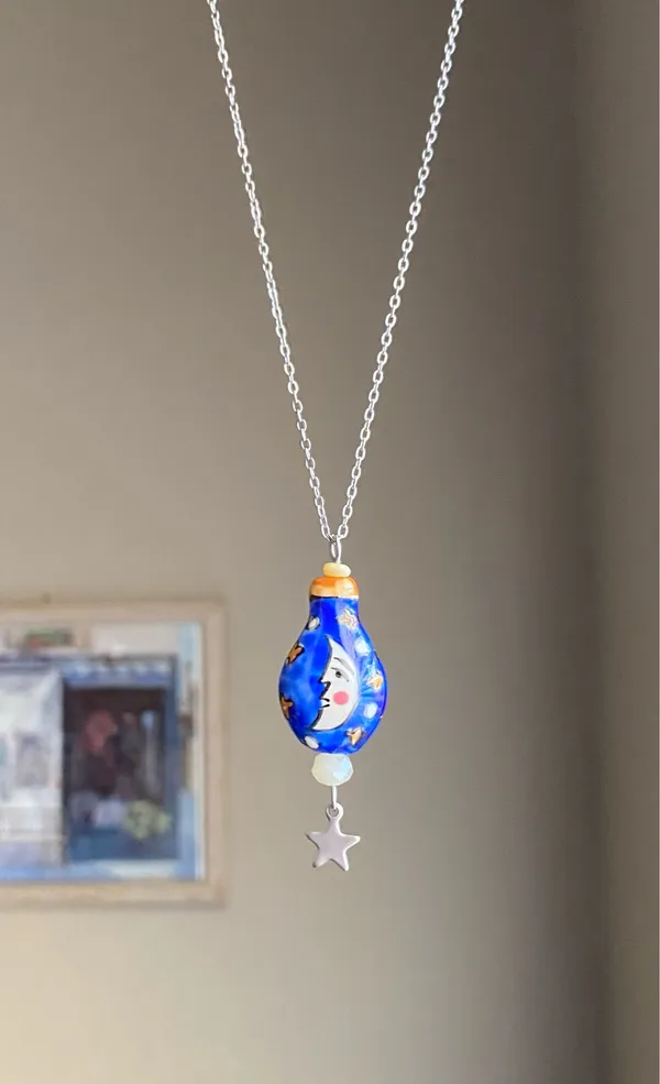 Handmade ceramic moon & star whimsical fairy boho funky vintage style necklace🌟🌛🧡 - Image 5