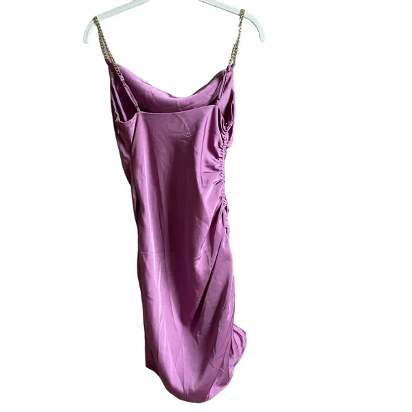 Astr Trista Satin Chain Link Strap Mini Dress Pink Size XS Barbie Party Ruched - Image 3
