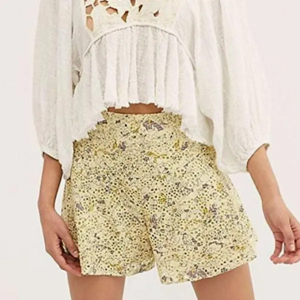 Free People‎ Shallow Waters Cotton Printed High-Waist Shorts Women's 8 Yellow - Image 2