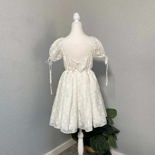 Mable White Floral Poofy Mini Dress Front Tie Puff Sleeves Coquette Y2k - Image 4