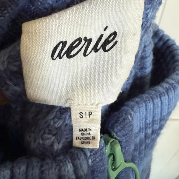 5/$65 Aerie Womens Sweater Sz S‎ Blue Funnel Neck Quarter Zip Green Stripe - Image 8