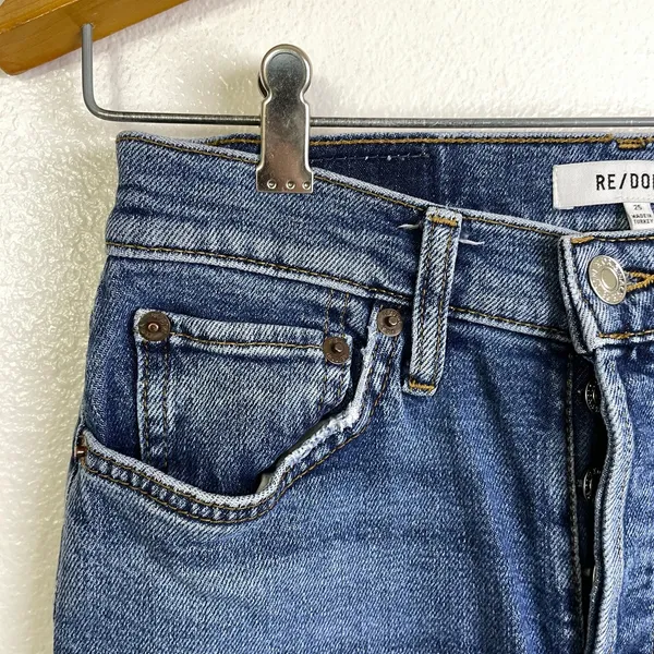 Re/Done 90s High Rise Extra Crop Jeans Womens 25 Blue Denim Button Undone Hem - Image 4