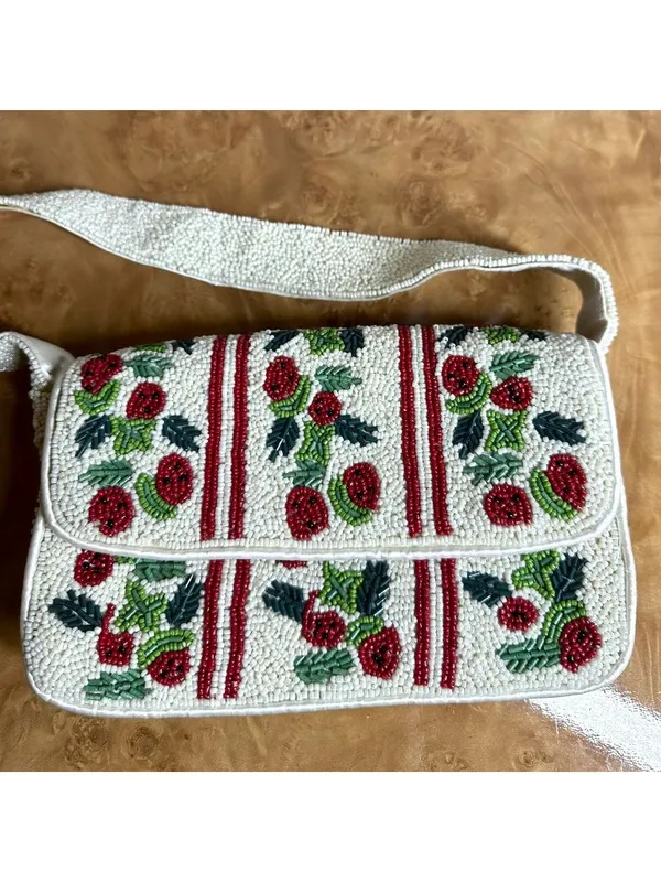 Rachel Zoe Hand Beaded Strawberry Motif Shoulder Bag Cream Baguette Purse Y2K - Image 3