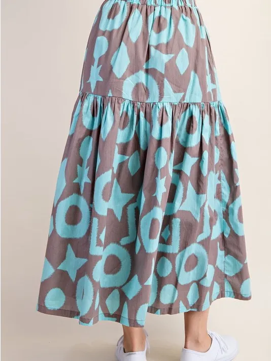 Boutique Geometric Print Tiered Maxi Skirt Taupe Turquoise Boho Resort L - Image 3