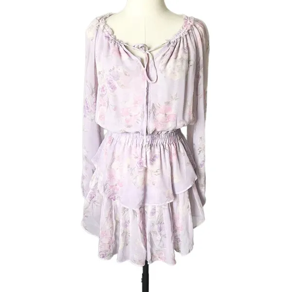 LoveShackFancy Popover Lavender Purple Silk Floral Tiered Ruffle Mini Dress XS - Image 2
