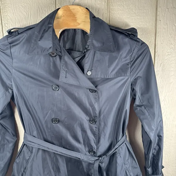 Norma Kamali Double Breasted Trench Coat Womens Size XL Black Belted Rain Dress - Image 2