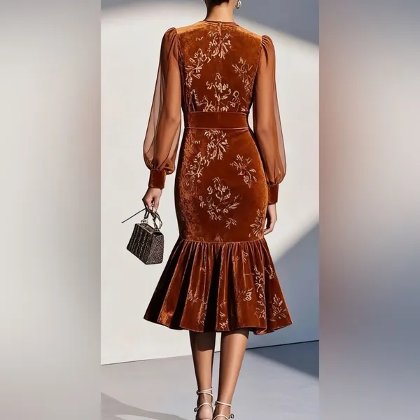 Fehaute Velvet Crew Neck Mermaid Midi Dress 12 Brown/Rust NWT IN PACKAGE - Image 6