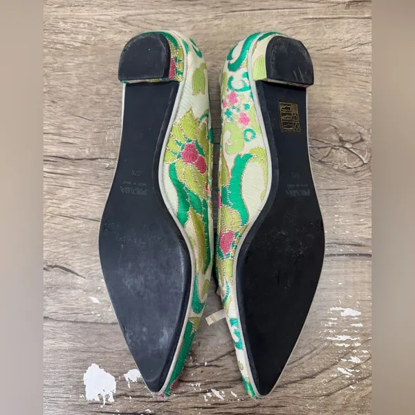 Vtg Prada SS2003 Green‎ Brocade Flat Shoes 37.5 - Image 10