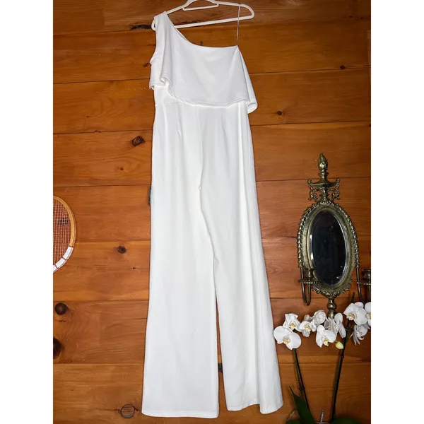 NWT Lulus Flawless Vibes White One-Shoulder Tiered Wide-Leg Jumpsuit Elegant L - Image 5