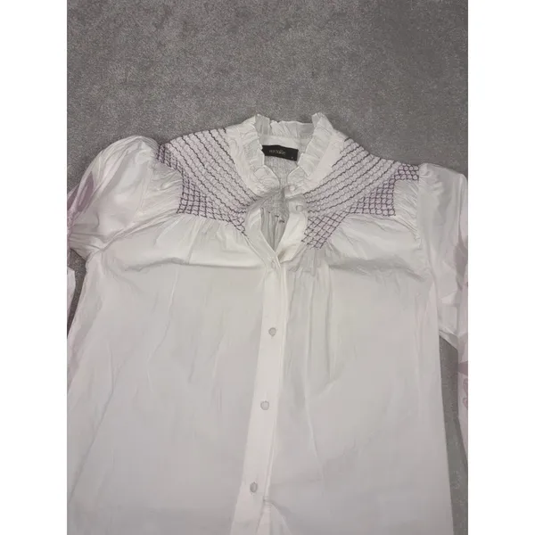 veroalfie‎ embroidered ruggle smocked blouse white Puff Sleeve Anthropologie 2 - Image 5
