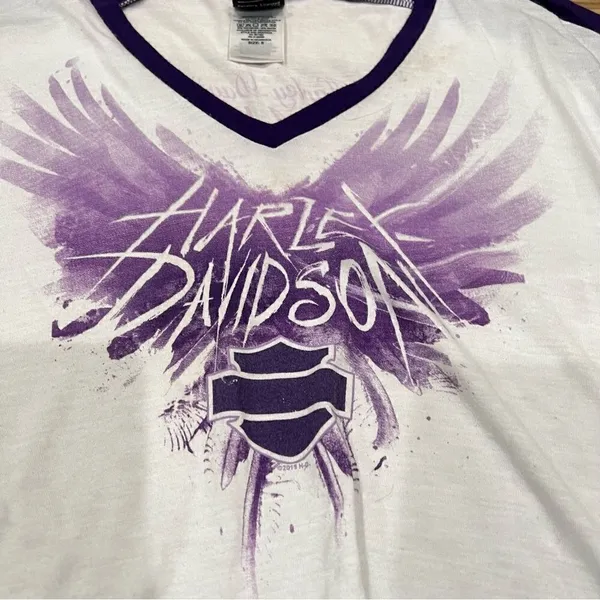 Harley Davidson White and Purple Short Sleeve V Neck Shirt Women’s Small - Image 2