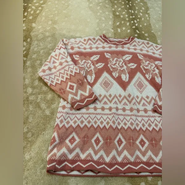 Adele Knitwear vintage white pink rose knit sweater women’s size large - Image 4
