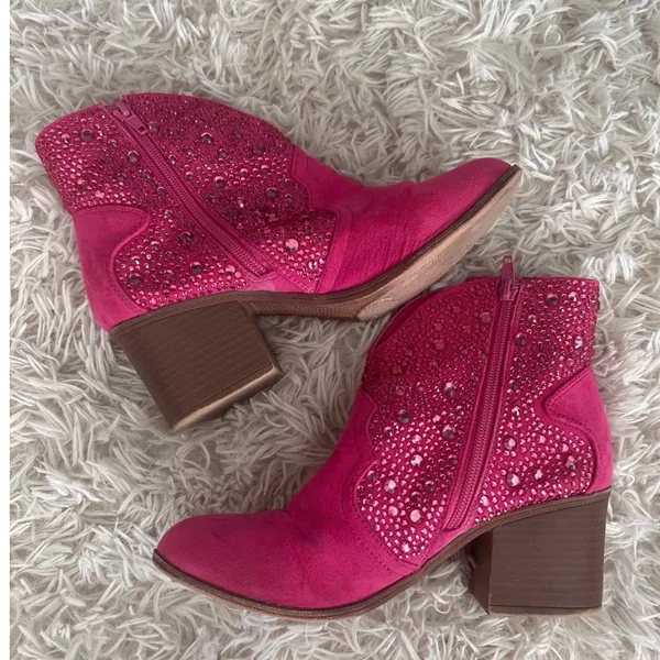Sugar SGR Comet Pink Rhinestone Western Ankle Boots Block Heel Women's Size 7M‎ - Image 3