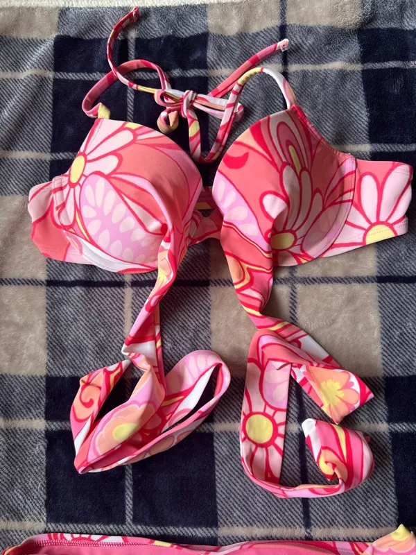 aerie Pink Floral-Print Padded Bikini Top 34B y M - Image 3