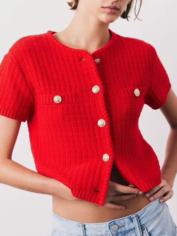 H&M sweater cardigan Structured Knit Short Sleeve gold buttons top pockets - Image 2