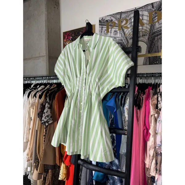 Exquise Tobie Green Striped Button Front Pleated Mini Shirtdress Medium New NWT - Image 7