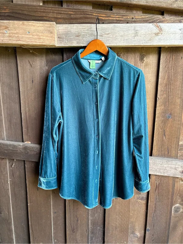 Soft Surroundings Teal Velvet Long Sleeve Button Down Tunic PETITE - Image 5