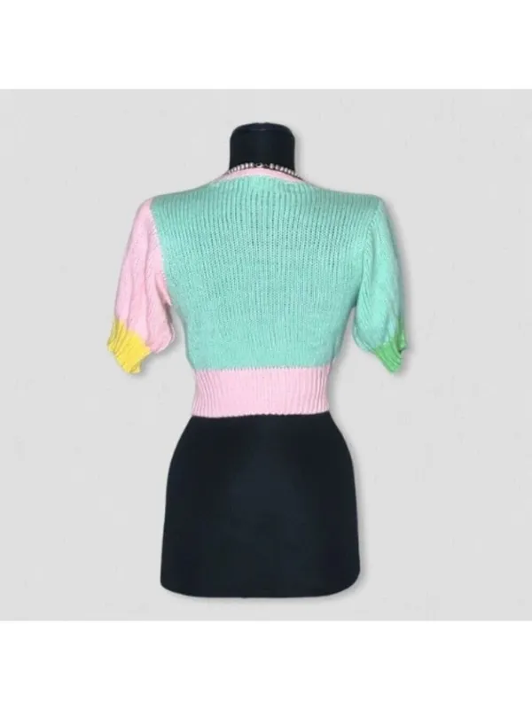 Y2K cropped knit top color block feminine coquette fairy boho cute-goth festival - Image 3