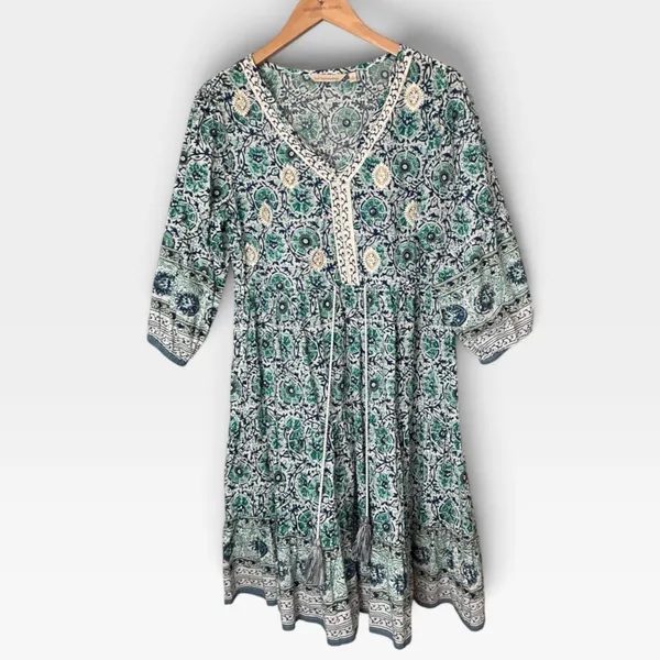Soft Surroundings Teal Floral Block Print Tiered Midi Dress 2FW00 Small - Image 2