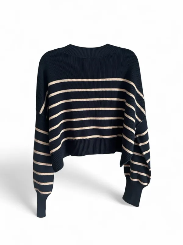 Free People Easy Street Navy and Cream Stripe Crop Pullover Sweater Size L - Image 5