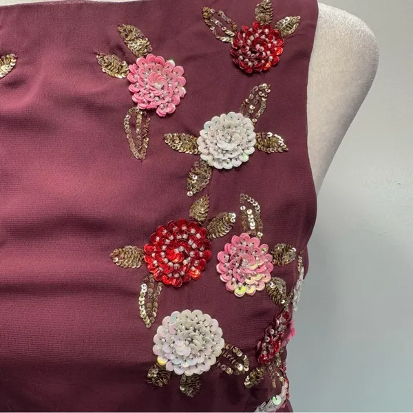 Burgundy Sleeveless Midi Dress Sequined Flowers Open Back Party Elegant Wedding - Image 12