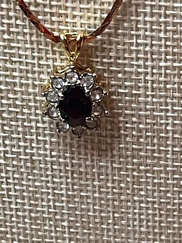 Gold Ruby Red Oval Gemstone Halo Pendant Necklace - Image 3