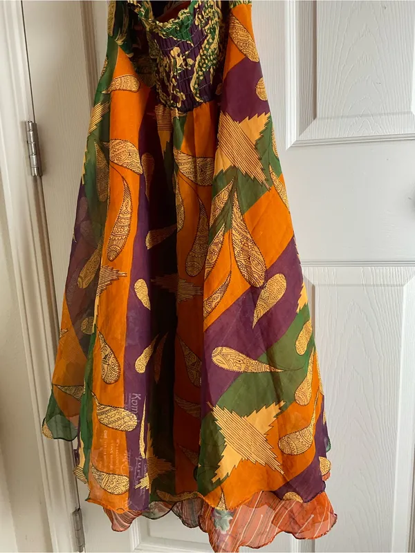 Raj 100% Silk Boho Halter Dress Size S Multi-Color Patchwork India - Image 10